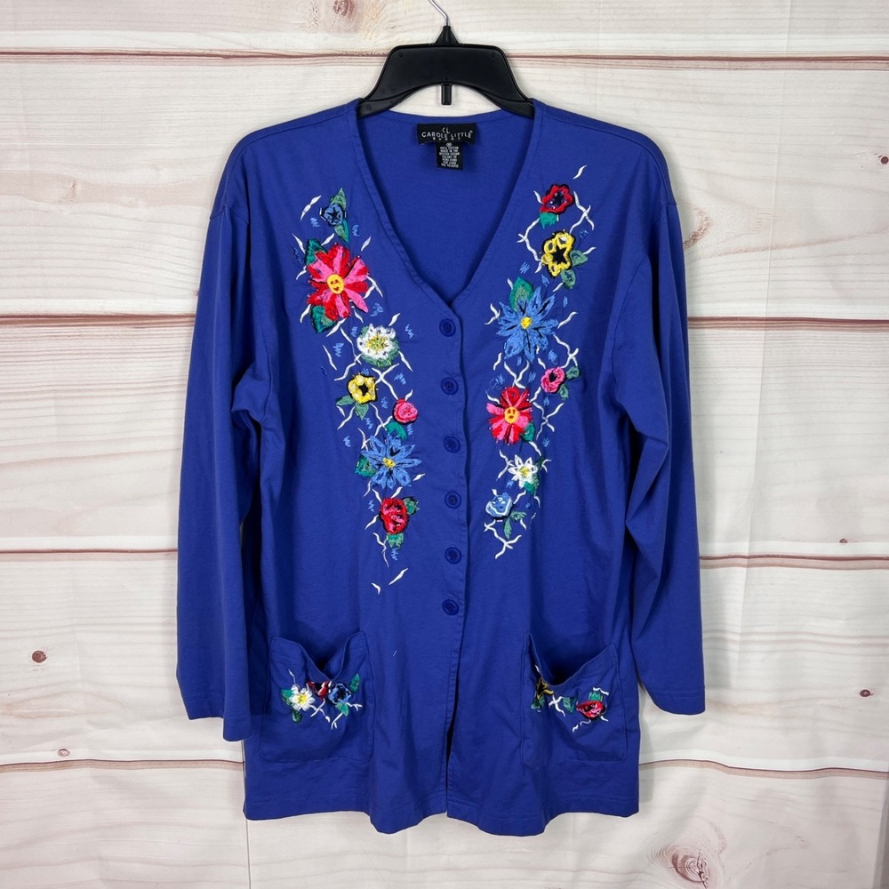 Carole Little Sport Top Women M Blue Vintage Button Up Tunic Pockets Embroidered